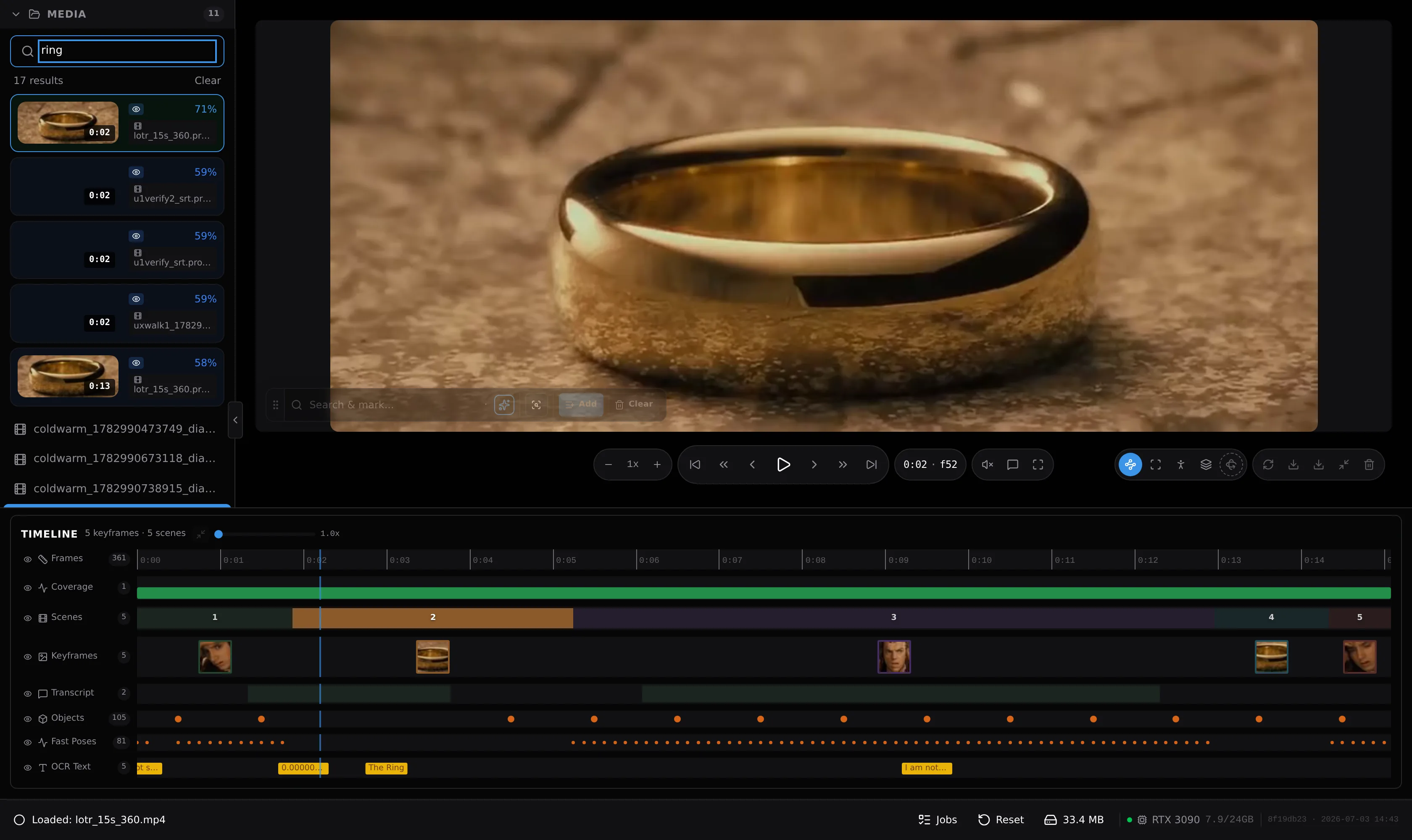 v1d in-video search with keyframe hits